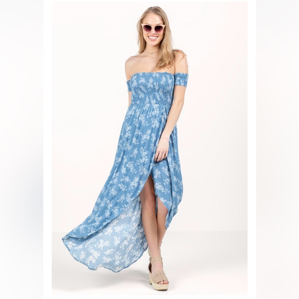 Blue Rain Blue and White Off Shoulder Floral Maxi Junior Dress Large